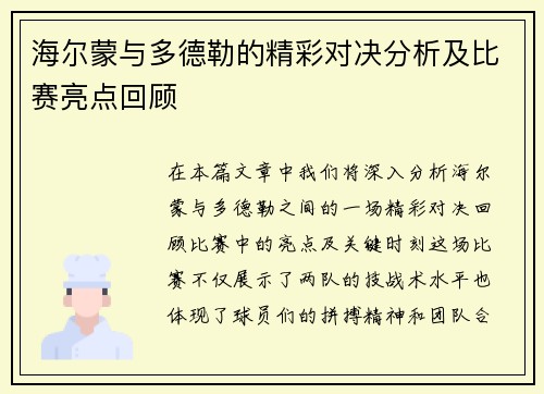 海尔蒙与多德勒的精彩对决分析及比赛亮点回顾